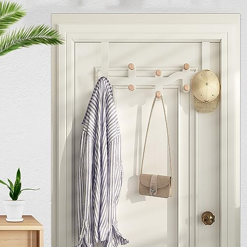 OKUYAN Over Door Hanger Metal & Wood Coat Hooks White 8 Hooks 4.5cm Thick Over Door Hanger Rack for Bedrooms Bathroom Kitchen