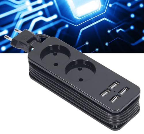 Regleta con USB, 2 Enchufes y 4 Puertos USB, Protección Múltiple, Carga USB Rápida, Adecuada para Uso Doméstico y de Oficina (BLACK)