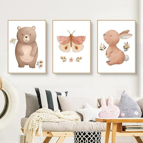 Herfair Bilder Kinderzimmer 3er Set, Cartoon Tiere Blumen Wandbilder Kinderzimmer Deko, Boho Kinder Poster Leinwand Bilder, Ohne Rahmen (A,40 x 50 cm)
