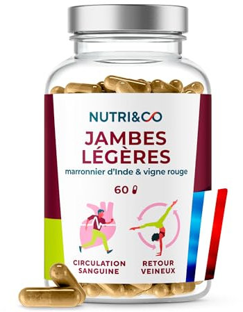 NUTRI & CO Jambes Légères - Vigne Rouge + Extrait de Pépins de Raisin & Marronnier d’Inde - Favorise la Circulation Sanguine - Complément Jambes Légères - 60 gélules Vegan - Fabriqué en France