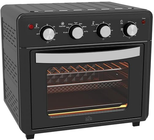 HOMCOM Horno Eléctrico Multifunción de Sobremesa Mini Horno Tostador de 30L 1600W Freidora de Aire con 7 Modos de Calor Temporizador y Temperatura Regulable 43x39x39 cm Negro