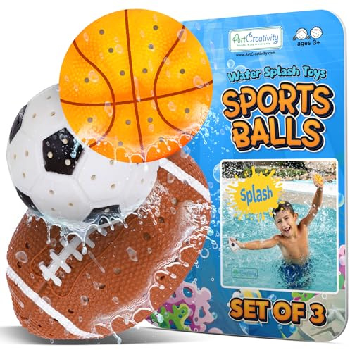 ArtCreativity Sports Balls Water Splash Toys - Set of 3 - Spongy Bath Toys for Kids - 3 Different Athletic Ball Designs Include Football, Basketball, Soccer Ball - Bathtub Toys & Kids Pool Accessories