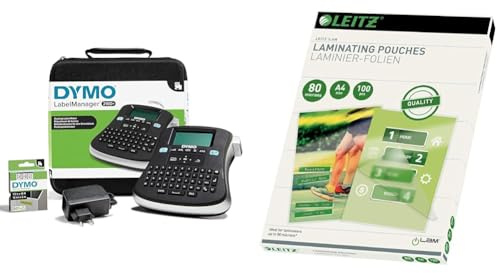 DYMO LabelManager 210D Beschriftungsgerät im Koffer & Leitz Heißlaminierfolien A4 80 mic, Hochwertige Laminierfolien im 100er Pack