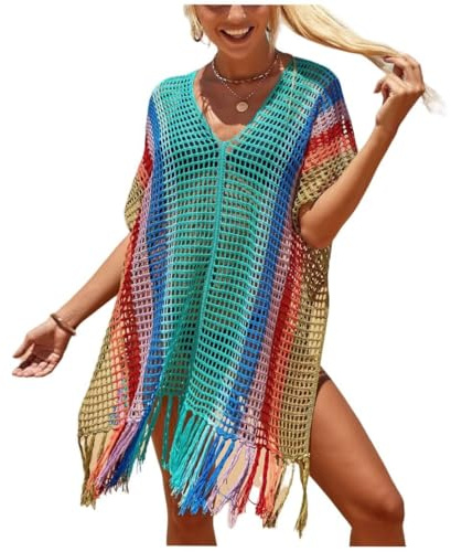 Jinsha Vestiti-Abito Spiaggia-Bikini Beach-Copri Cover-up - Woman Dress Corto Costumei Uncinetto Maglia Scollo V-Collo Camicia Boho Pareo Top Tunica da Spiaggia Bagno Mare Estivo Donna Vestiti Gonna