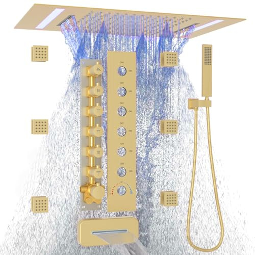 Full Body Thermostatic Shower Mixer Set with Large LED Rainfall Waterfall Mist Shower Head & 6 Body Jets, Brass Concealed System, Up/Down Spout & Handheld Included, Brushed Gold