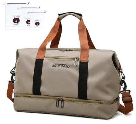 Sporttasche Reisetasche für Damen Herren und 3 Schuhbeutel, Oxford-Stoff Weekender mit Schuhfach Nassfach, Große Handgepäck Trainingstasche, wasserdichte Schwimmtasche, 46 * 28 * 25cm(Khaki)