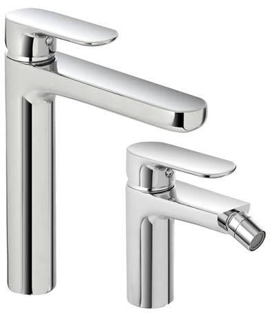 Set miscelatori lavabo alto e bidet in ottone cromato lucido con piletta click clack, linea KREO