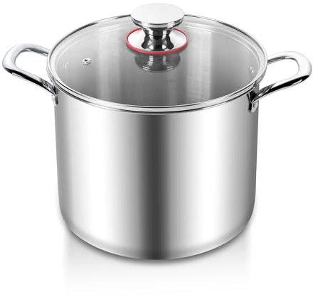 Joyfair Large Stock Pot, 10L Tri-Ply Stainless Steel Stockpot with Glass Lid, Induction/Gas/Ceramic/Electric/Halogen Safe Soup Pot for Simmering Stewing, Heavy-Duty & Riveted Handles & Easy Clean