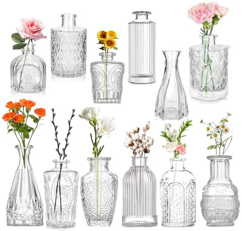 ZogEC Glass Bud Vases Set of 12, Small Vases for Table Decoration, Vintage Clear Glassvases in Bulk, Mini Flowervases for Table Centerpieces, Wedding Decoration, Reception, Party or Home