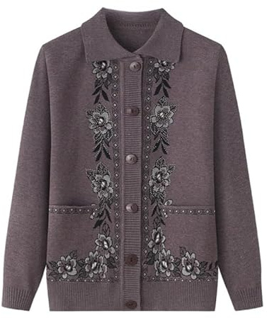 KIJSKKOPO Rebeca De Punto Mujer,Suéteres De Punto para Ancianos, Solapa Verde Oscuro, Manga Larga, Jacquard De Flores, Perforación En Caliente, Abrigo De Punto con Bolsillo, Prendas De Vestir Ajus
