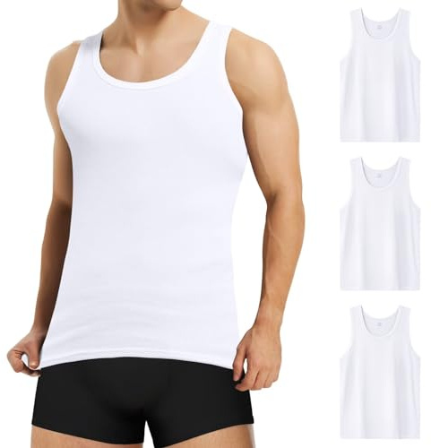 Mowenti Canottiera Uomo Bianco Pacco da 3 100% Cotone Elasticizzato Fitness Canottiera Sportiva Costine Intima M