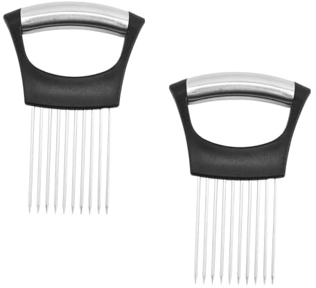 PACIOCEAN 2Pcs Upgraded Onion Holder Slicer - Stainless Steel Multi-Vegetable Cutting Tool with Finger Guard for Onion, Potato, Tomato - Anti-Tear Kitchen Gadget - Black