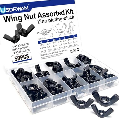 Usdrwam 50Pcs 3 Size 1/4''-20, 5/16''-18, 3/8''-16 Assorted Wing Nut Kit, Zinc Plating-Black Wing Nuts Butterfly Fasteners, Hand-Tighten Hardware Nuts Kit for Easy Assembly and Secure Fit Furniture