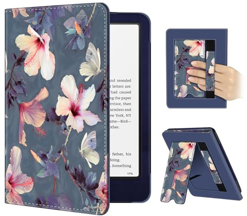 Fintie Hülle für 7 Kindle Paperwhite(12. Generation)/Kindle Colorsoft | Paperwhite Signature Edition 2026, Kickstand Case mit Handschlaufe, Rückseiten-Magnet, Auto Sleep/Wake, Hibiskus