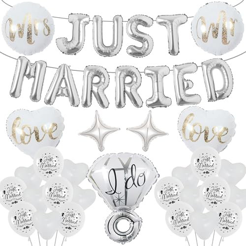 Just Married Wedding Decorations Balloons - 38 Pieces Silver Mr and Mrs Decoration, White Latex Balloon Romantic Heart Diamond Love Foil Balloons for Bride Groom Reception Supplies