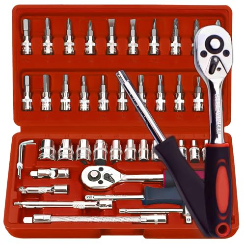 Retoo Juego de 46 llaves de vaso, juego de herramientas mecánicas, tuercas, tamaños, caja de carraca, caja de carraca y juego de puntas para la reparación del hogar y bricolaje, universal, color rojo