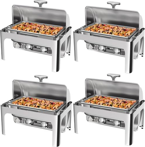 9QT Food Warmer, Rectangular Chafing Dish Buffet Set with Visible Roll Top Food Tray Water Tra Fuel Rack for Weddings Parties Banquets Dining Events, Four