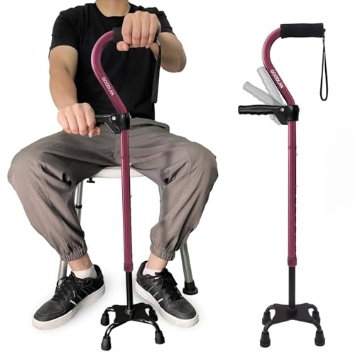 Quad Walking Cane justerbar pinne män och kvinnor och äldre – lätt och robust med 4-delad bas för extra stabilitetsbalans, fristående skumvadderat offsethandtag för mjukt grepp (vinröd)