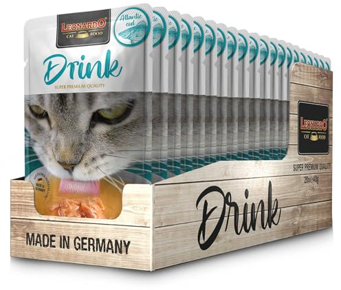 LEONARDO Drink Atlantic Cod [20x40g Multipack Sorte Kabeljau & Huhn] Katzendrink | getreidefreie Fisch- und Hühnerbrühe mit Fleischstreifen | Ergänzungsfuttermittel für Katzen
