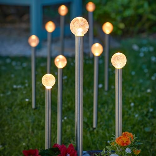 mysmartbuy.com Set of 10 Solar Powered Glow Ball Stake Lights - Weather Resistant Outdoor Garden Warm White LED Lighting for Lawn, Patio, Decking, Pathway, Border, Balcony, Yard – H44cm