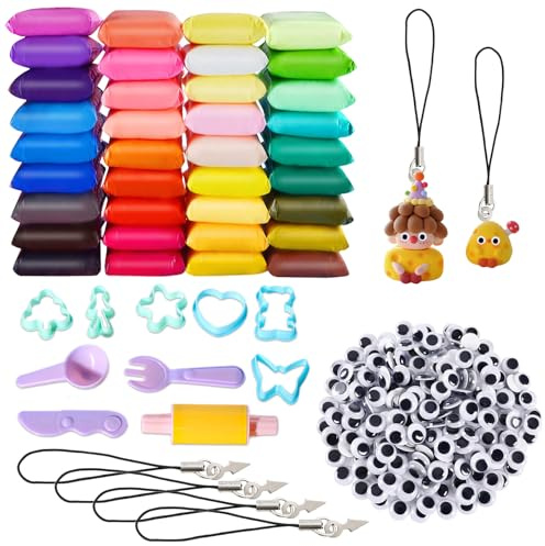 36 Farben Knete Set Beutel Knete Modelliermasse-Set Knete Starter Set Selbstklebende Wackelaugen Leicht zu formende Modelliermasse mit Zubehör Kreatives DIY Bastelset
