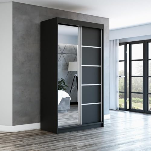 A&J MöbelLand Schwebetürenschrank GAPI Kleiderschrank 2-türig mit Spiegel, Garderobe 120 cm (Schwarz/schwarz/schwarz)
