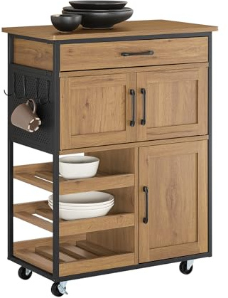 SoBuy Carrito Auxiliar de Cocina con Ruedas Mueble Auxiliar Botellero y Armarios Carro Cocina Multifuncional como Mesa Auxiliar para Estantería Cocina, Comedor Vintage Marrón 67x88x37cm FKW134-N