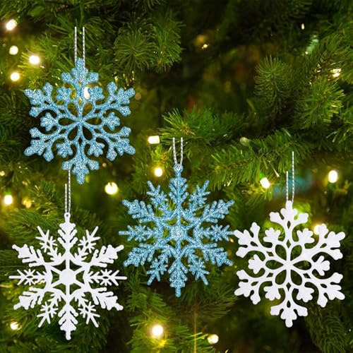 ENLACE Schneeflocken Deko Christbaumschmuck Anhänger, 24 Stück Weihnachtsbaum Dekoration 4 Stile, 10cm Weihnachtsbaumschmuck Weiß Blau Schneeflocken, Glitzer Weihnachtsdeko Baumschmuck Winterdeko