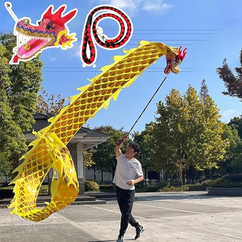 Wu Long Drakebandsvitmellanlägg, Drakepoi-dansband Med Fjäll Och Huvud, Slungande Drakeband Med Jonglering For Utomhusbruk(Yellow,8m (26.2 ft))