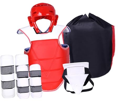 MotiveTech 6 Pezzi Attrezzatura Karate Guantoni Casco Parastinchi Corpetto Protettivo Materiale Eva PU Comoda vestibilità Adatta Ad Adulti Bambini Allenamento AR