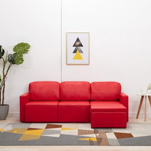 Mandloder Modulares 3-Sitzer Schlafsofa, Rot Kunstleder, Vielseitige Wohnzimmer Couch, Verwandlungsfähig in Bett & Chaiselongue, Komfortabel, 216x149x72 cm