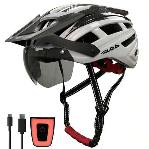 RLQA Casco Bicicleta Adulto – Casco MTB y Bici con Visera Magnética Desmontable y Gafas, 24 Orificios de Ventilación, Luz Trasera LED y Talla Ajustable (L: 58–61 cm, Negro Blanco)