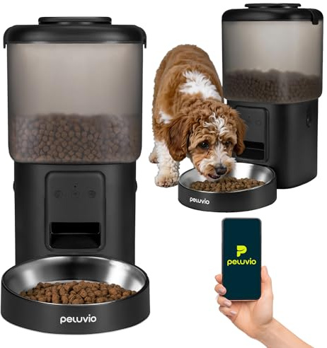 Peluvio Crispy WiFi Automatisk Foderautomat 4,5 L för Hund – Appstyrd Matning, 10 Måltider/Dag, Portionskontroll, Batteribackup, Rostfri Skål, 2 Fuktabsorberare, USB-C med Tuggskydd, Svart