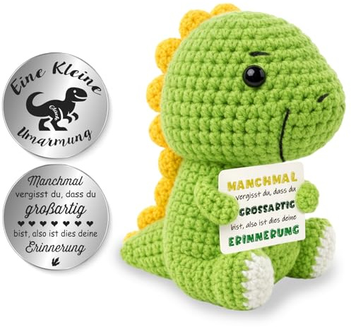 Tixlux Pocket Hug Mutiger Dinosaurier, Kreative Strickwolle Schildkröte Dekofigur und Kleine Umarmung Glücksbringer, MutmacherGeschenk, Gute Besserung Geschenk, Einschulung Geschenk（Erinnerung）
