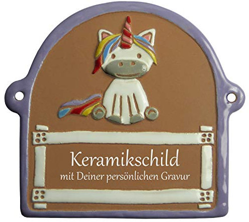 Handarbeit aus Schleswig-Holstein Keramikschild 14,0 x 12,0 cm Einhorn - violetter Rand (braun)