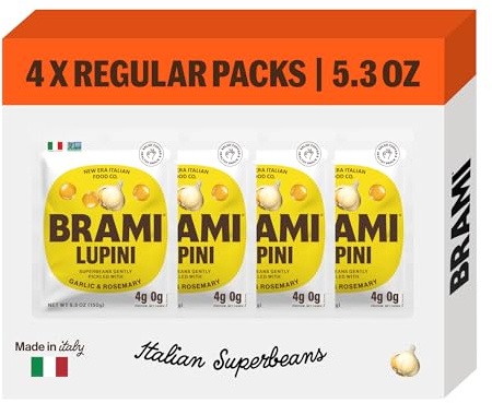 BRAMI Lupini Beans Snack, Garlic & Rosemary | 7g Plant Protein, 0g Net Carbs | Vegan, Vegetarian, Keto, Plant Based, Mediterranean Diet, Non Perishable | 5.3 Ounce (4 Count)