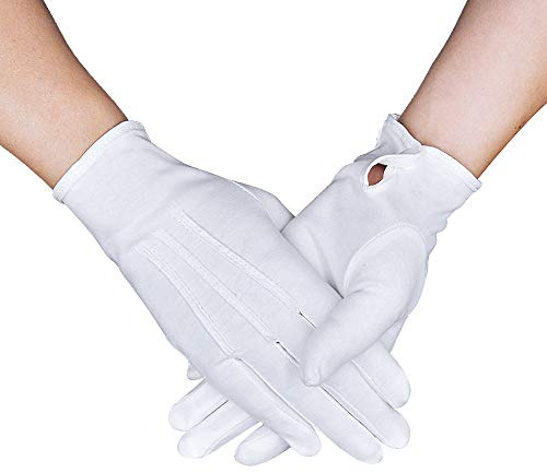 Weiße Baumwolle Handschuhe für Damen & Herren, Parade Uniform Kostüm | 100% Baumwolle, atmungsaktiv, mit Schnappverschluss, für Parade, Schützenfest, Smoking, Butler, Münzen & Schmuck