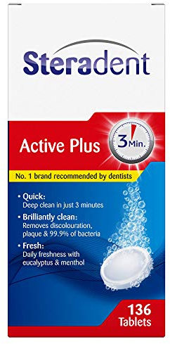 Steradent Active Plus, Denture Cleaning Tablets, 136 Tablets, Denture Care, Plaque Removal, Denture Tablets, Stain Removal, Deep Clean In 3 Minutes, Cleansers, Denture Care