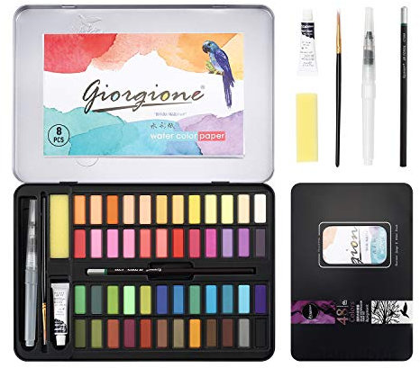 DazSpirit 48 Farben Aquarell Farbkasten, Aquarellfarben Wasserfarben Set, Aquarell für Reisen, Mit Pinsel und 8 Aquarellpapier, Wasserfarben für Künstler, Hobbymaler und Malerei-Liebhaber