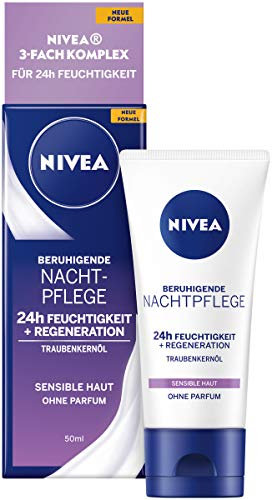 NIVEA Beruhigende Nachtpflege 24h Feuchtigkeit + Regeneration (50 ml), Gesichtscreme für sensible Haut, Nachtcreme mit Traubenkernöl und Süßholzextrakt