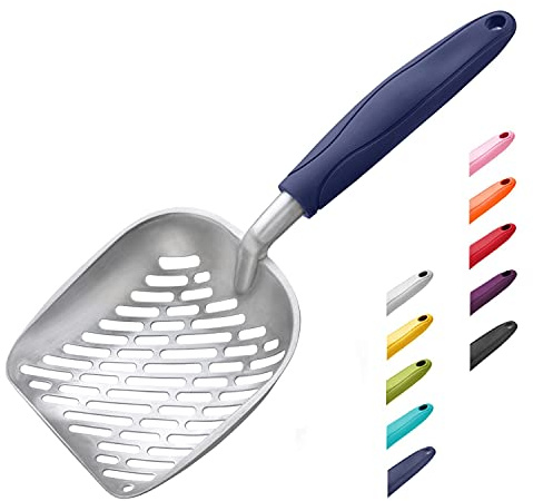 WePet Kattsandskopa, aluminiumlegeringssikt, kattunge metall skoper, djup spade, långt handtag, bajssjöftning, kattunge bajs lyftare, kraftig, för kattlåda, oregelbundet aluminium med blått handtag