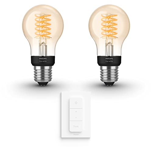 Philips Hue Pack avantagé - E27 - avec 2 Ampoules standard à filament - Lumière blanche chaude - Comprend 1 Variateur de lumiere Hue - Hue White Filament