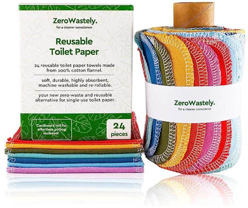ZeroWastely 24 Reusable Toilet Paper Washable Roll - Bidet Towels Washable Toilet Paper - Cut Back & Waste Less with our Colored Super Soft, Absorbent & Re-Rollable Cloth Wipes - Rainbow Edition