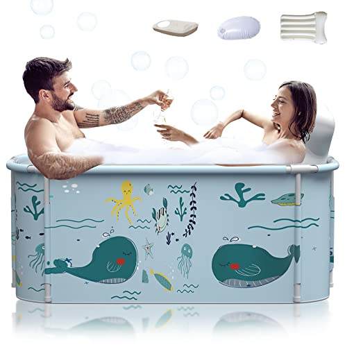 Kiseely 140cm Tragbare Faltbare Badewanne für 2 Personen, Große Familie SPA, Effiziente Umstellung Von Heißer und Kalter Temperatur, 140cm X 60cm X 55cm (Ozean Stil)