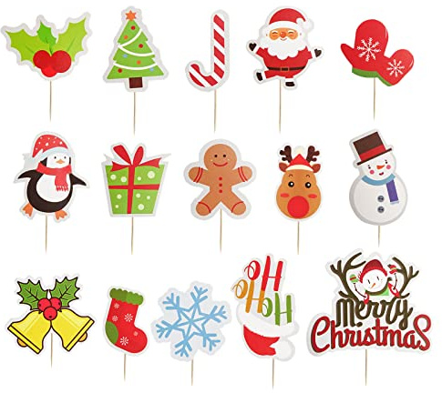 30PCS Merry Christmas Cake Topper Cupcakes Decorating Insert Happy Birthday Party Theme Cake Supplies Santa Gingerbread Man Snowflake Style Banquet Baking Dessert