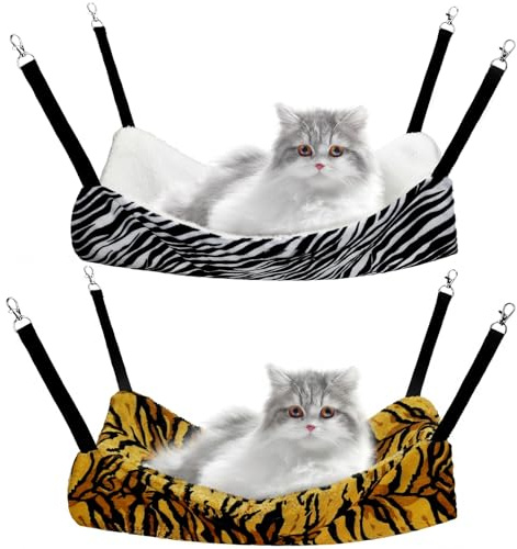 Jetec 2 Pack Cat Hammock for Cage, Catio Accessories Reversible Soft Cats Bed with Adjustable Straps and Hooks Double-Sided Linen and Fleece Hanging Hammock for Cats, Kitten(Zebra, Tiger Stripes,M)