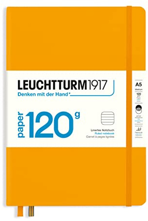 LEUCHTTURM1917 367127 Notizbuch 120g/m² Paper Edition, Hardcover, Medium (A5), Rising Sun, liniert | 120 g/m² Premium-Papier, liniert, 203 nummerierte Seiten, Fadenheftung, Falttasche im Einband