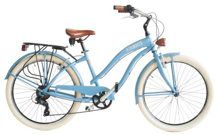 Airbici Fahrrad Beachcruiser Damen 26 Blau | City-Bike | BeachCruiser Bike 26 Zoll 6-Gang, Aluminiumrahmen, Schutzbleche, LED-Licht und Gepäckträger (Blau)