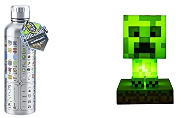 Paladone Minecraft Trinkflasche aus Metall & Minecraft Creeper 3D Icon Light BDP | Offiziell lizenziertes, grünes, pixeliges Nachtlicht oder Schreibtischlampe | angetrieben durch 2 x AAA