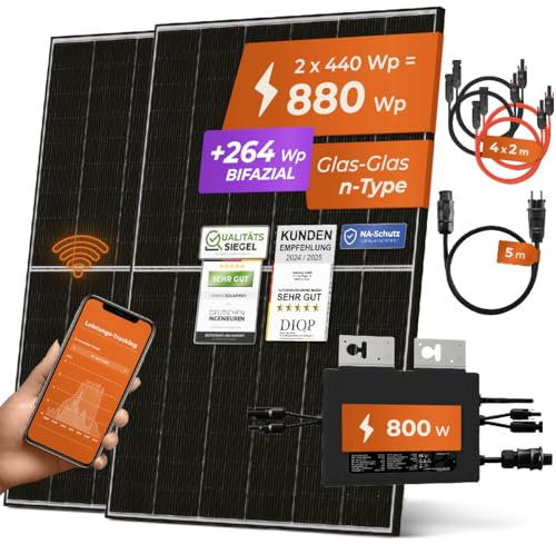 Solarway 880W Balkonkraftwerk 800W komplett Steckdose - Balkonkraftwerk 800 Watt neuester Wechselrichter 800W - Solaranlage Komplettset - 440W bifaziale Solarmodule & Envertech & Zubehör